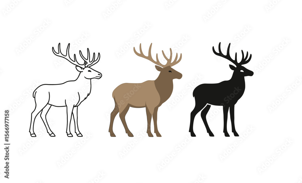 Fototapeta premium Deer silhouette set featuring three styles: outline, brown, black