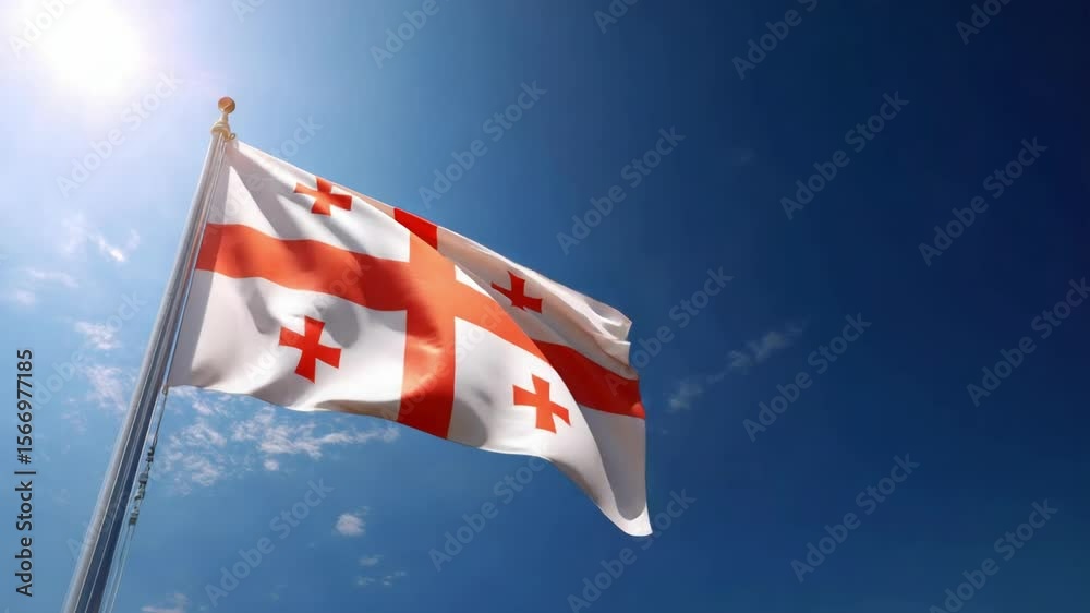 The flag of Georgia flutters in the breeze under a vivid blue sky, illuminated by the sun, showcasing its distinctive design.