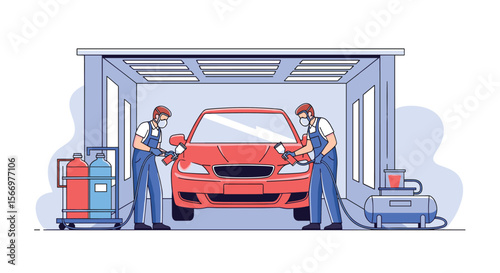 Automotive collision repair professionals restoring a damaged vehicle with precision and skill