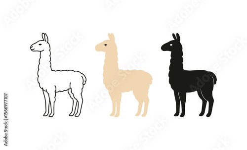 Colorful llamas: black, white, and beige cartoon illustrations in minimalist style on white background