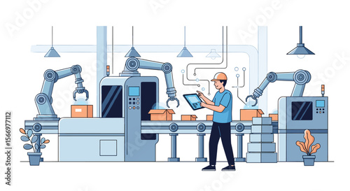 Modern automation in manufacturing with robotic arms and human oversight on the factory floor