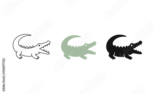 Crocodile silhouette evolution: outline, green, and black versions in minimalist style