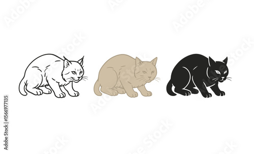 Three stylized cat illustrations in monochrome and color variations