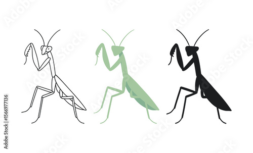 Praying mantis silhouette and line art trio: black, green, and outline variations