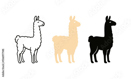 Minimalist trio of llama silhouettes in white, beige, and black on white background
