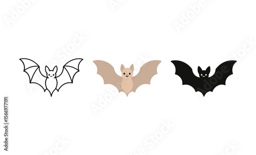 Black white and beige bats with outstretched wings on a white background