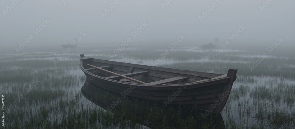 Obraz premium Wooden fishing boat floating on still water in misty marsh with skeletal trees. Atmospheric fog creating dreamy landscape scene. Nature solitude meditation concept. Tourism outdoor recreation services