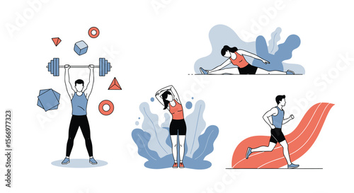 Diverse fitness activities including weightlifting running and stretching promoting healthy lifestyles and physical well-being