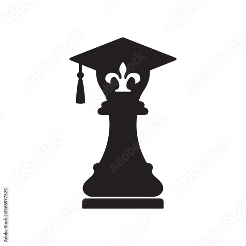 A black chess queen piece wearing a graduation cap with a tassel and a fleur de lis symbol on it