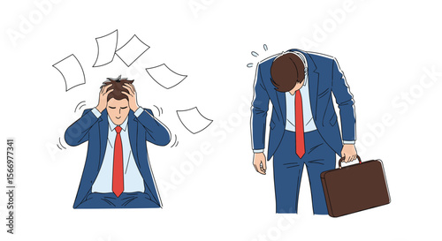 Illustration of business people experiencing overwhelming stress and exhaustion from work overload leading to burnout and mental health decline