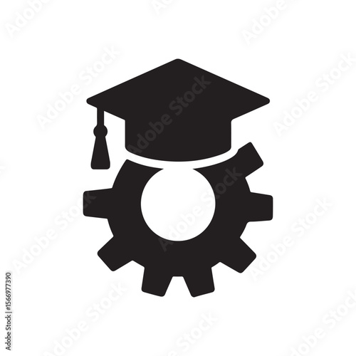 A black graduation cap with tassel placed on top of a black gear wheel illustration