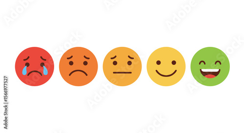 Emotional scale icon, a horizontal ruler of five emoticons from sad to happy. Flat vector on transparent background