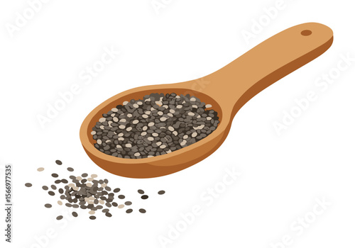 Chia seeds in a wooden spoon, Flat vector on transparent background