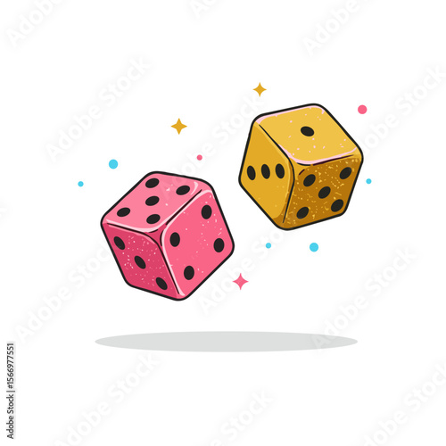 Two glitter dice being thrown in the air. Flat vector on transparent background