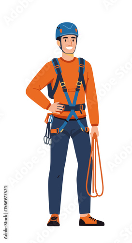 Hispanic man in a safety harness, smiling, standing in a climbing helmet. Flat vector on transparent background