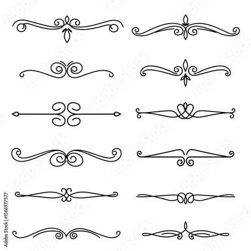 Decorative vintage flourishes and ornaments in black outline style  