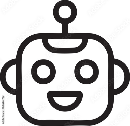 Cheerful Robot Face Icon With Rounded Head Antenna And Smiling Expression Black Outline Isolated On White Background Friendly Character


