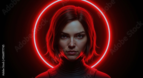 Woman with red neon circle light around head on dark background. Futuristic cyberpunk style portrait. Technology and innovation concept. Beauty treatments, skincare, cosmetics sale banner