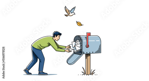 Young man struggling to retrieve mail from a damaged mailbox with a bird flying away and a leaf falling nearby