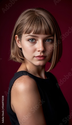 a woman in a black dress with a short hairstyle