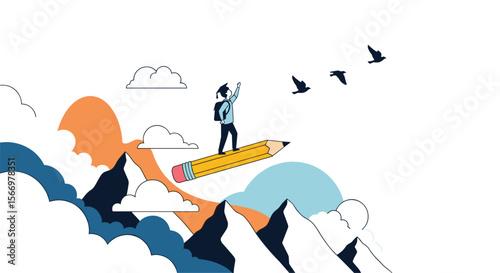 Creative surfing on a pencil through mountain peaks embracing art and imagination