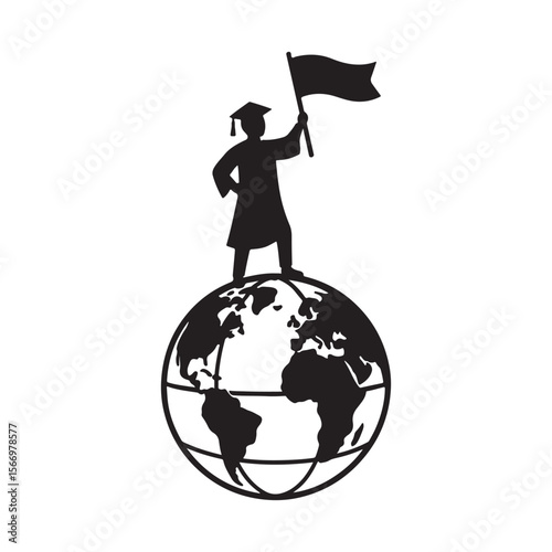 Silhouette of graduate standing on globe holding flag symbolizing global success and education