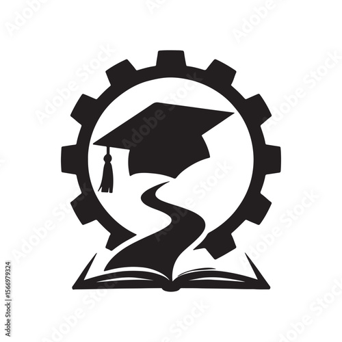 A black and white logo of a graduation cap and book inside a gear with a winding path inside