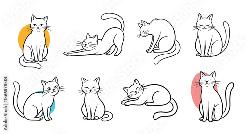 Collection of cute doodle illustrations featuring various cat poses and activities