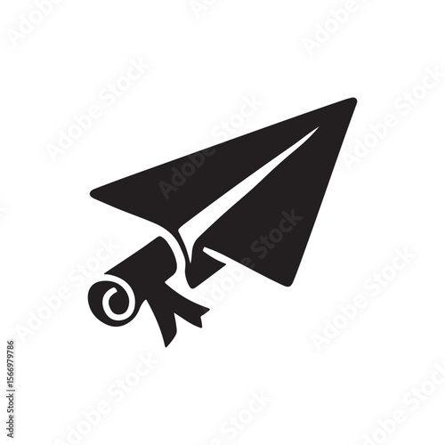 A black paper airplane with a diploma attached to it on a white background in a simple illustration