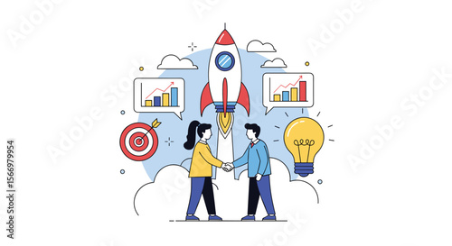 Successful business startup venture with teamwork collaboration and growth strategies aiming for financial success