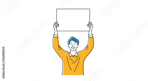 Man holding up a blank sign communicating a message with enthusiasm and excitement