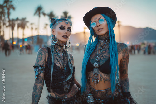 Female friends with many tattoos and alternative clothing at a festival