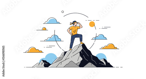 Woman standing on mountain peak looking towards horizon with clouds and sun in the background illustration