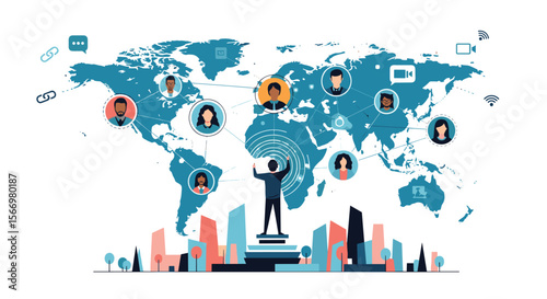 Global network of connected people and cities facilitated by digital technology and human interaction around the world