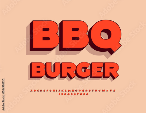 Vector Promo banner BBQ Burger for Cafe and Restaurant. Classic Red 3D Font. Fashion Alphabet Letters and Numbers. 
