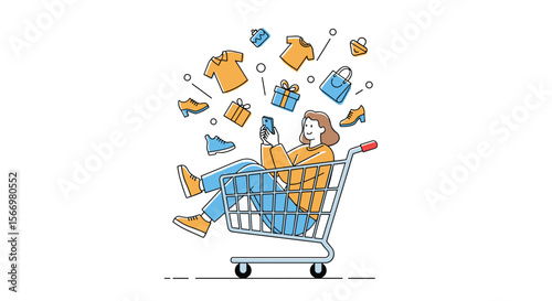 Woman overwhelmed by excessive online shopping and falling items in a shopping cart illustration