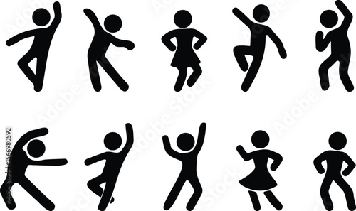 Dynamic stickman silhouettes performing various dance and party poses including jumping, spinning, and celebration moves