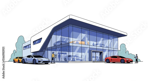 Modern luxury automotive dealership showcasing high-performance sports cars and premium vehicles in a sleek architectural design