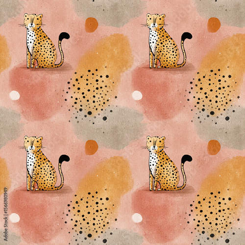 A simple and colorful illustration of a cheetah in pastel shades, with simple line drawings of polka dots