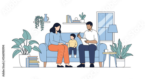 Family therapy session with child and parents discussing issues in a comfortable living room setting with plants and books