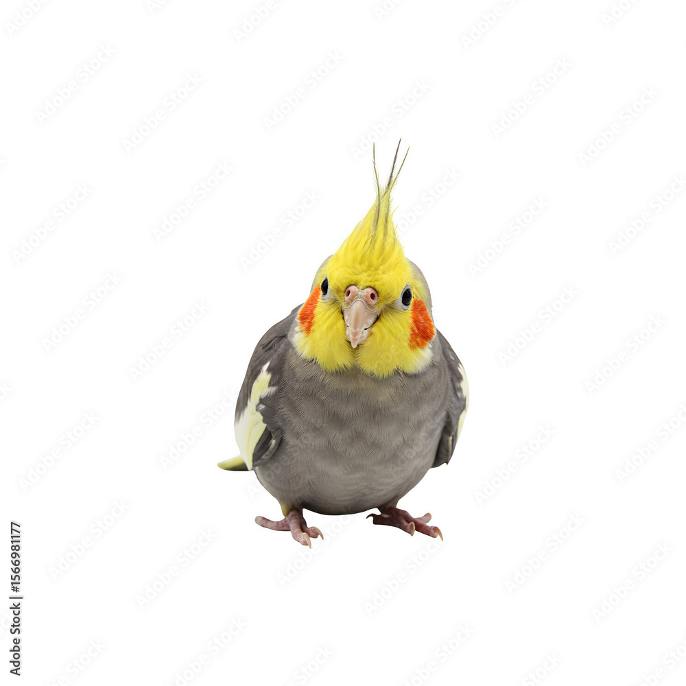 Obraz premium Yellow cockatiel bird standing calmly, facing forward with feathers fluffed.