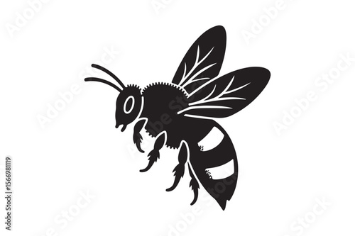 Stylized black silhouette of a bee in flight against a white background