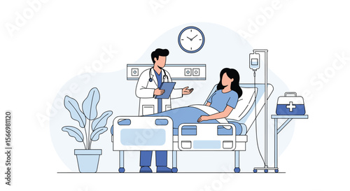 Doctor consults patient in hospital room discussing medical treatment and care plan ensuring patient well-being and recovery through expert medical guidance