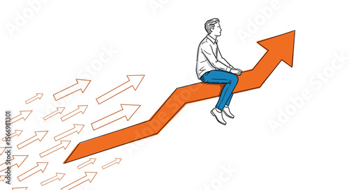 Person riding an upward trending arrow with multiple smaller arrows following behind illustrating progress and advancement in business goals and personal development