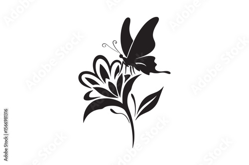 Elegant black silhouette of a butterfly perched on a stylized flower