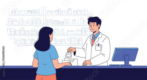 Pharmacist helping customer with prescription medication at pharmacy counter providing healthcare advice and professional service