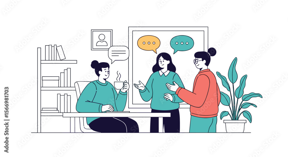 Three diverse women engaged in a lively collaborative discussion in a modern office setting surrounded by plants and office decor Three diverse women engaged in a lively collaborative discussion in a modern office setting surrounded by plants and office decor