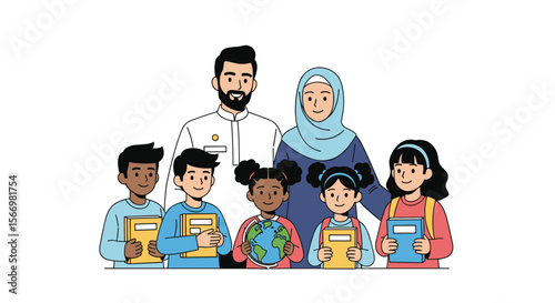 Diverse group of children and adults representing global unity and the importance of education for all students