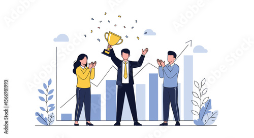 Successful business team celebrating a major achievement with a golden trophy and confetti symbolizing victory and accomplishment