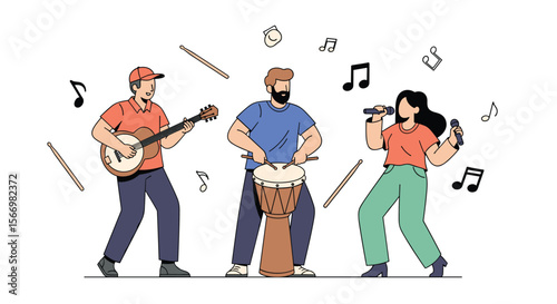 A group of three diverse musicians performing together with instruments and singing creating a vibrant musical atmosphere with notes floating around them